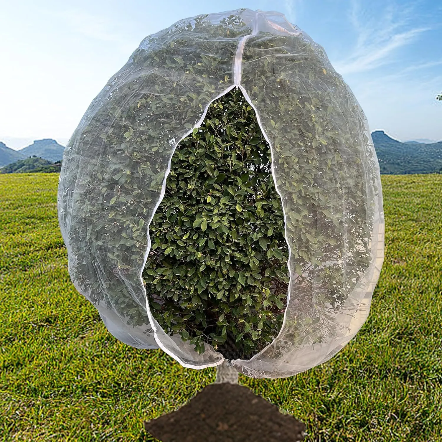 Fruit Tree Netting, 10x10FT Large Garden Netting with Drawstring and Zipper Plant Cover Net Bag Row Cover Barrier Protection Net for Bird, Garden Mesh for Tree Flower Fruit (1 Pack)