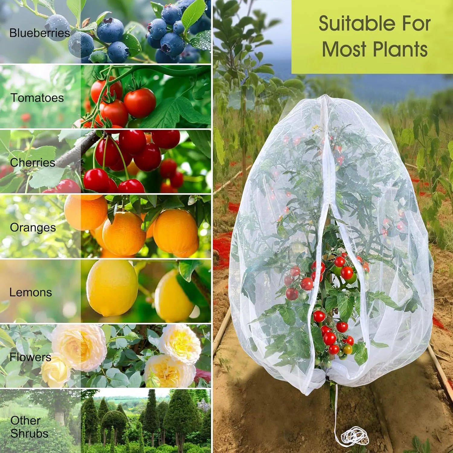 Fruit Tree Netting, RIFNY Large 7 x 6 FT Blueberry Bush Netting Cover with Zipper Drawstring, Outdoor Mosquito Net Garden Netting Protector Plant from Birds Cicadas Animals Insect (2 PCS, White)
