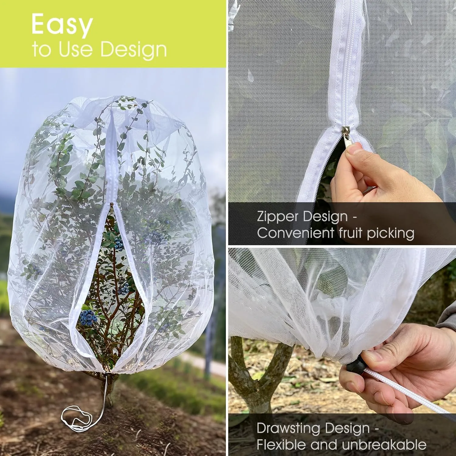 Fruit Tree Netting, RIFNY Large 7 x 6 FT Blueberry Bush Netting Cover with Zipper Drawstring, Outdoor Mosquito Net Garden Netting Protector Plant from Birds Cicadas Animals Insect (2 PCS, White)