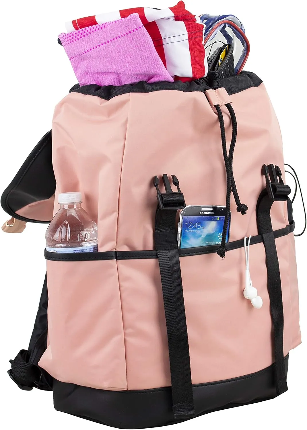FUEL Drawstring Water Resistant Multi-Pocket Travel Backpack Daypack Everyday Bag With Double Metal Buckle Closure, Blush Pink