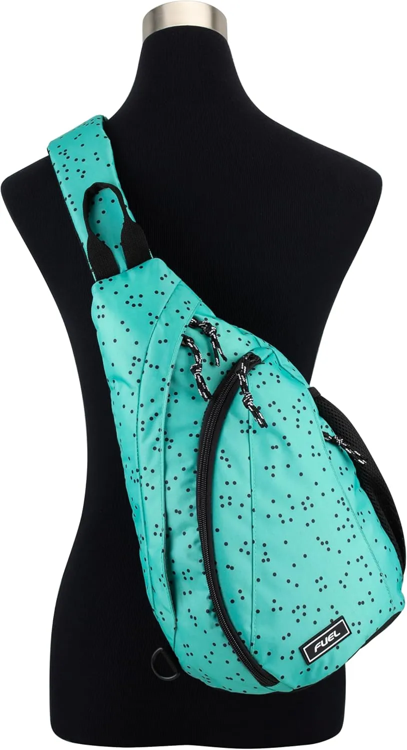 FUEL Sling Bag Hiking Travel Backpack Crossbody Chest Daypack for Men and Women Large Riptide Lightweight Aqua Blue Dots
