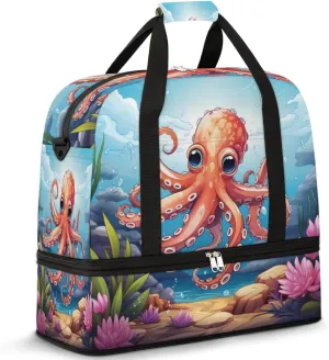 Fun Orange Octopus Foldable Travel Duffel Bag Overnight Weekender Bag with Shoes Compartment Sports Gym Bag for Men Women