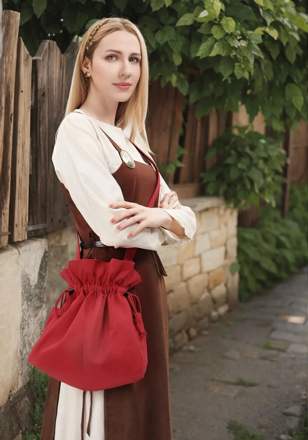 FURPHI Medieval Drawstring Bag Canvas Shoulder Bag with Side Pockets Renaissance Costume Accessories for Ren Faire LARP (Red)