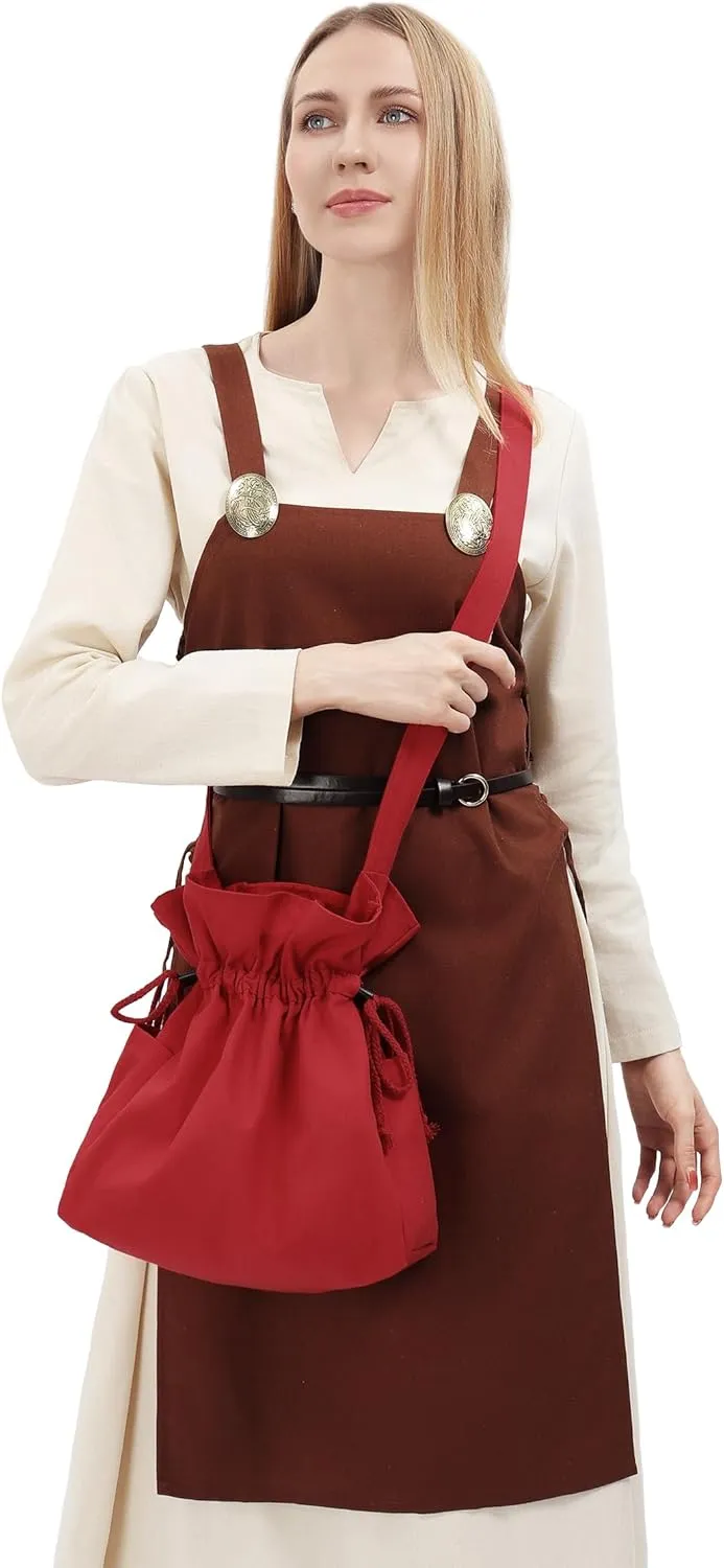 FURPHI Medieval Drawstring Bag Canvas Shoulder Bag with Side Pockets Renaissance Costume Accessories for Ren Faire LARP (Red)