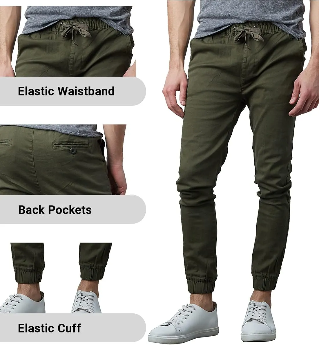 Galaxy by Harvic Men's Basic Stretch Twill Joggers Chinos Hiking Drawstring