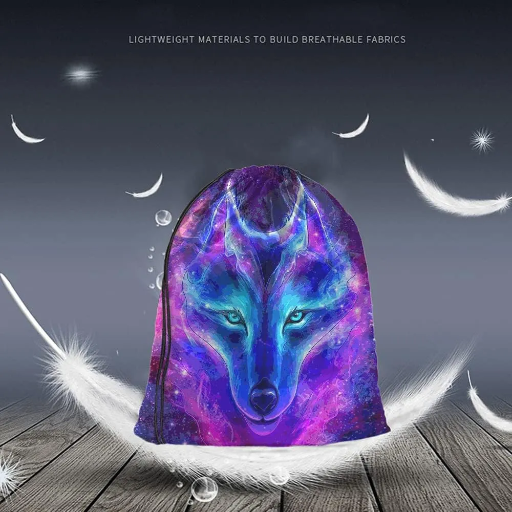 Galaxy Wolf Drawstring Bags Backpack Bag Starry Sky Stars Constellation Galaxy Outer Space Magic Animal Sport Gym Sack Drawstring Bag String Bag Yoga Bag for Men Women