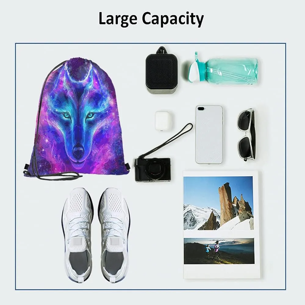 Galaxy Wolf Drawstring Bags Backpack Bag Starry Sky Stars Constellation Galaxy Outer Space Magic Animal Sport Gym Sack Drawstring Bag String Bag Yoga Bag for Men Women