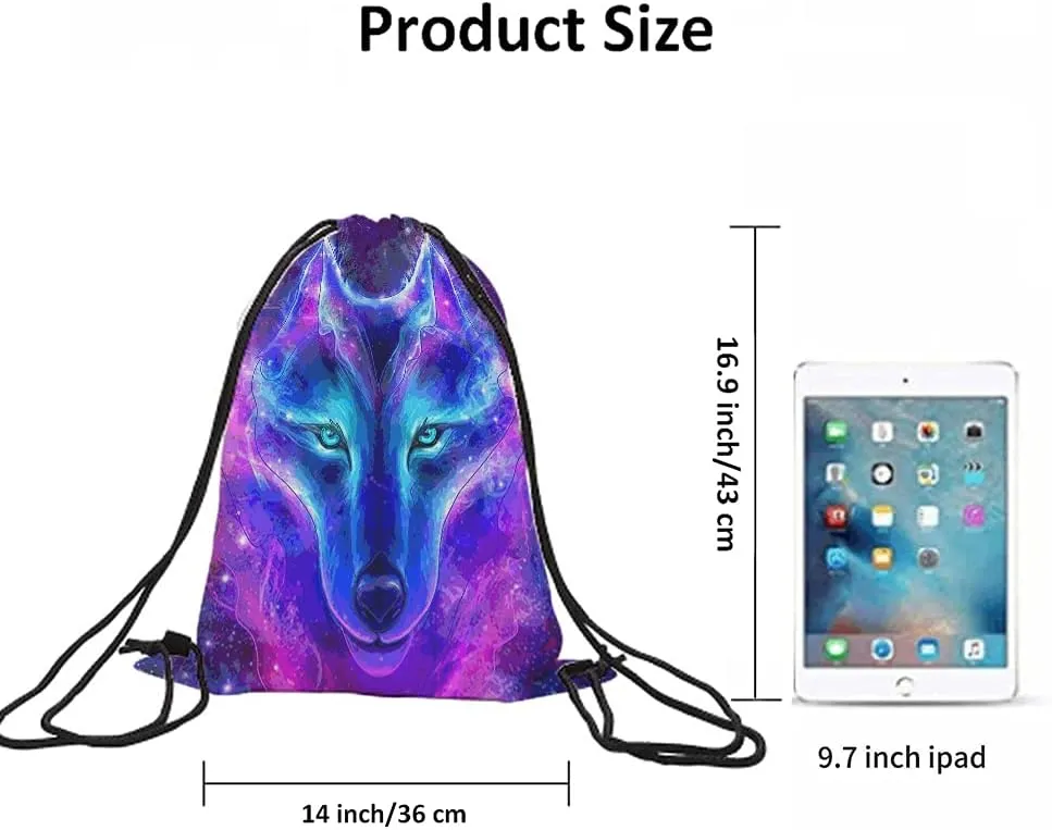 Galaxy Wolf Drawstring Bags Backpack Bag Starry Sky Stars Constellation Galaxy Outer Space Magic Animal Sport Gym Sack Drawstring Bag String Bag Yoga Bag for Men Women
