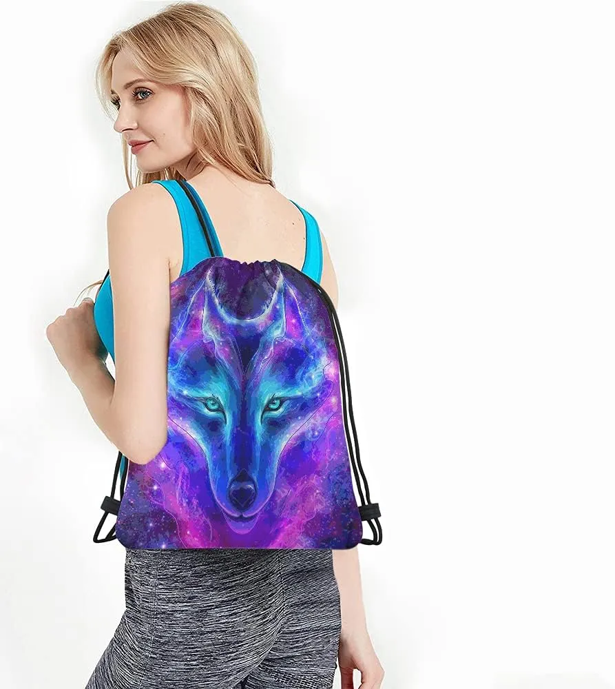 Galaxy Wolf Drawstring Bags Backpack Bag Starry Sky Stars Constellation Galaxy Outer Space Magic Animal Sport Gym Sack Drawstring Bag String Bag Yoga Bag for Men Women