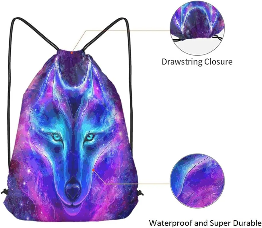 Galaxy Wolf Drawstring Bags Backpack Bag Starry Sky Stars Constellation Galaxy Outer Space Magic Animal Sport Gym Sack Drawstring Bag String Bag Yoga Bag for Men Women