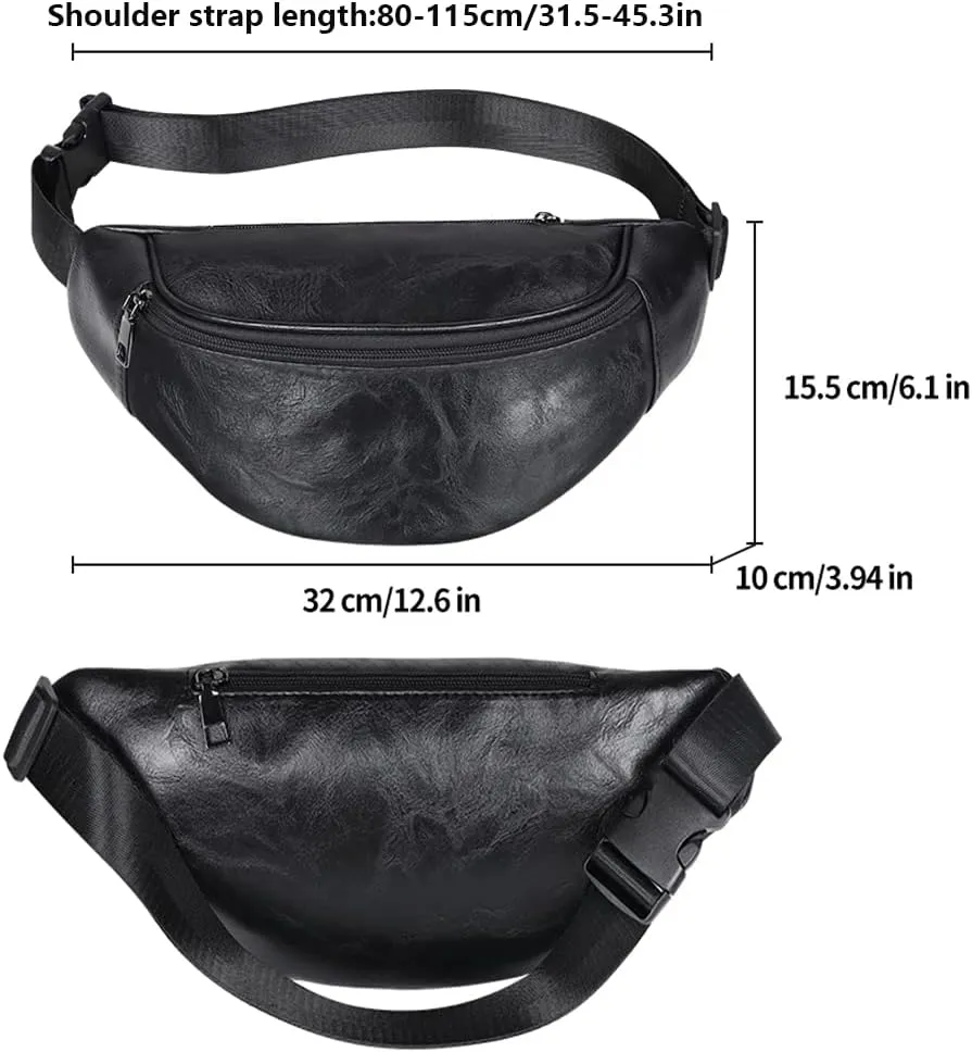 Geestock Black Leather Fanny Pack, Waterproof Waist Bag for Men&Women, Belt Bag, Fashion Crossbody Bags for Running, Hiking, Cycling, Outdoor Sports