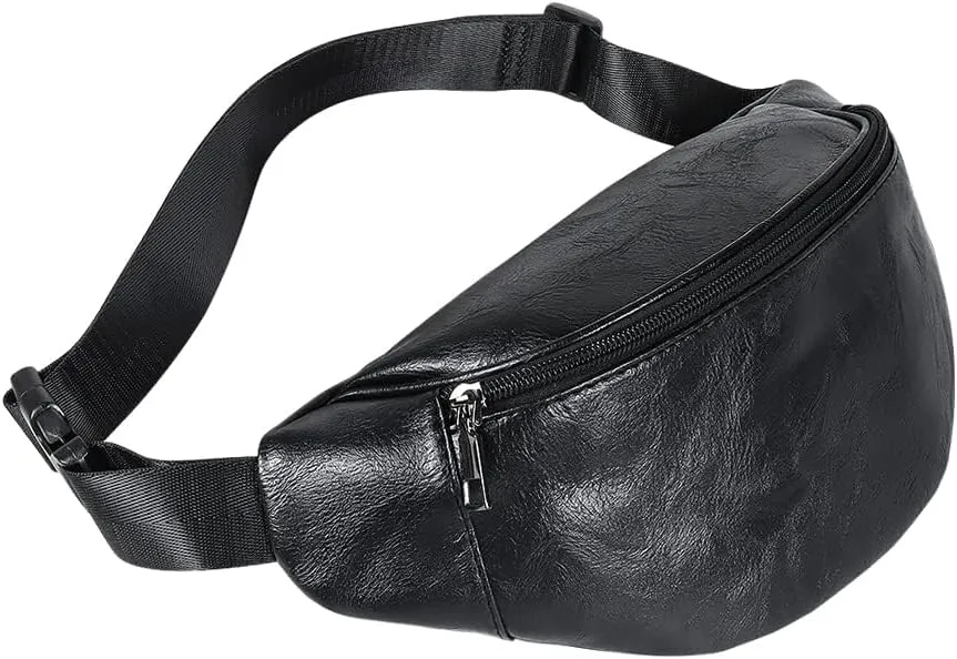 Geestock Black Leather Fanny Pack, Waterproof Waist Bag for Men&Women, Belt Bag, Fashion Crossbody Bags for Running, Hiking, Cycling, Outdoor Sports