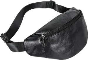 Geestock Black Leather Fanny Pack, Waterproof Waist Bag for Men&Women, Belt Bag, Fashion Crossbody Bags for Running, Hiking, Cycling, Outdoor Sports