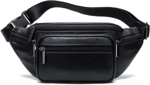 Genuine Leather Fanny Pack Crossbody Multi-Pouches Belt Bag Travel Waist Purse with Adjustable Strap,Black