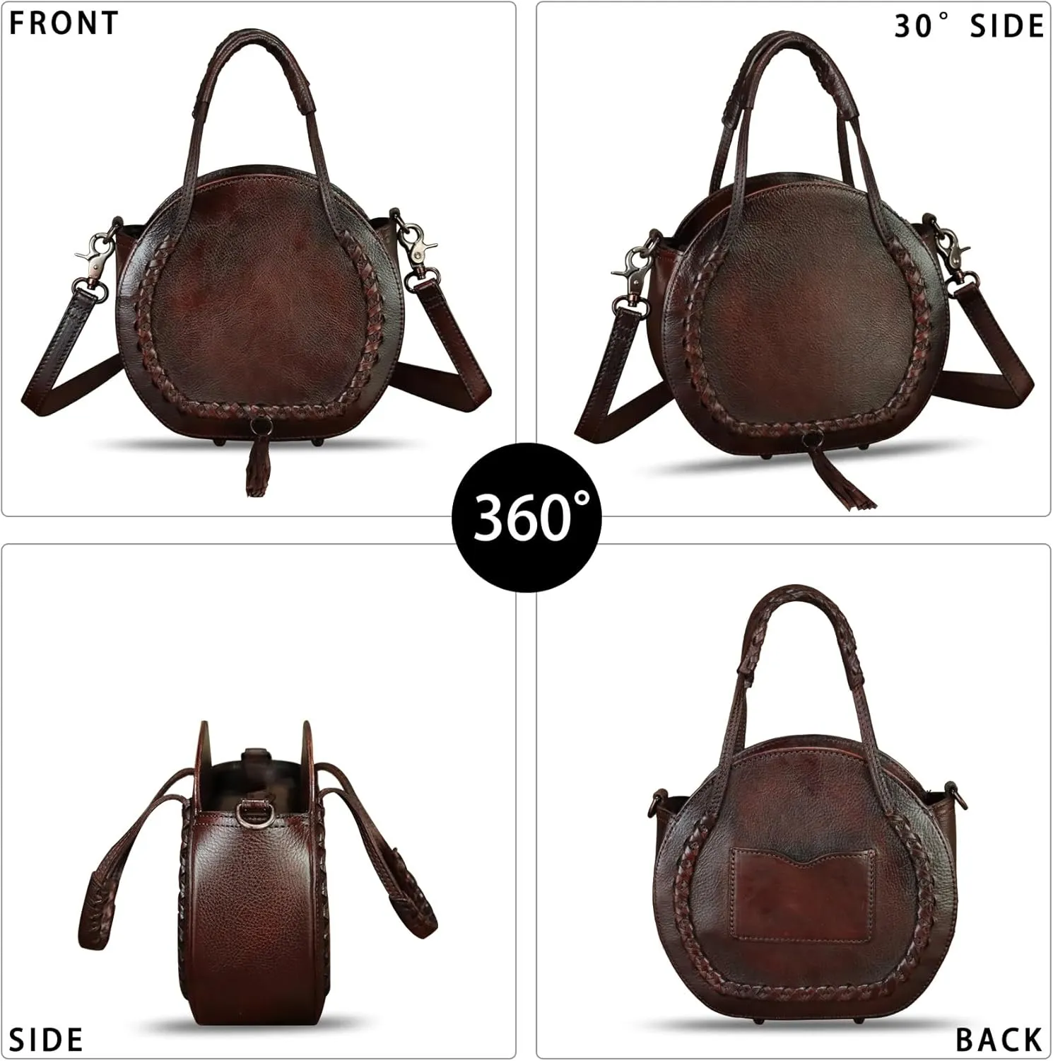 Genuine Leather Handbag for Women Crossbody Bag Small Purses Round Satchel Handmade Shoulder Bag Circle Pouch