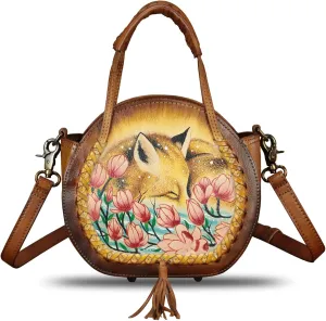Genuine Leather Handbag for Women Purse Hand Painted Pattern Top Handle Satchel Handmade Crossbody Pouch