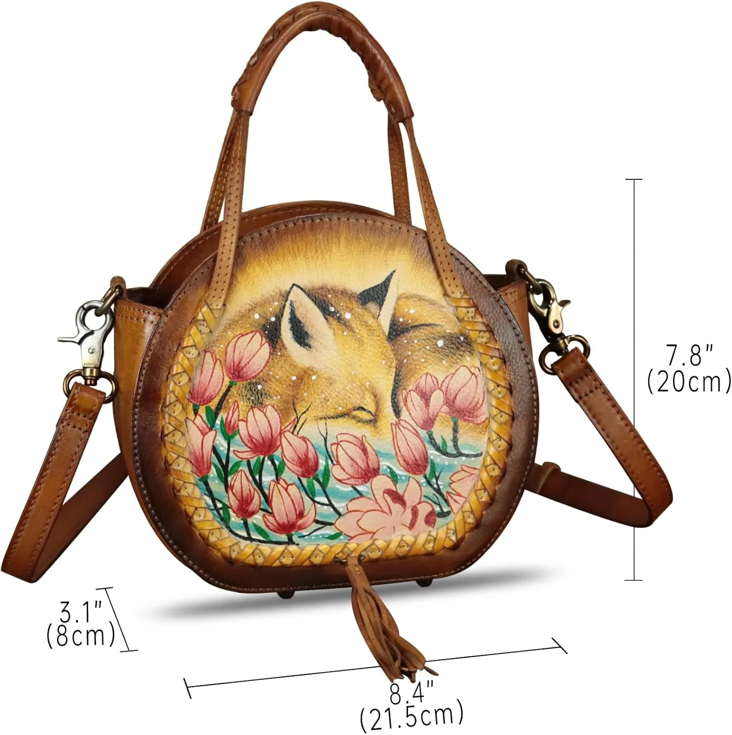 Genuine Leather Handbag for Women Purse Hand Painted Pattern Top Handle Satchel Handmade Crossbody Pouch