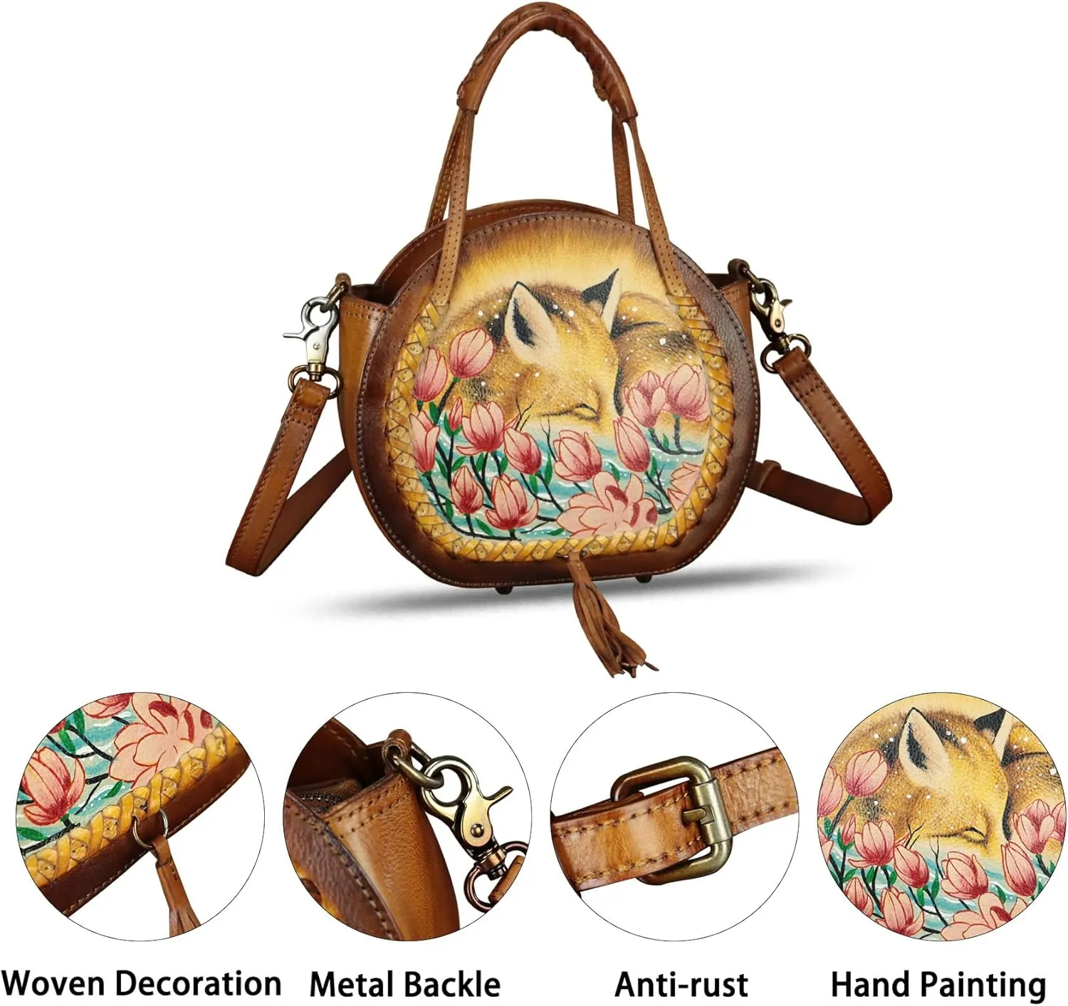 Genuine Leather Handbag for Women Purse Hand Painted Pattern Top Handle Satchel Handmade Crossbody Pouch