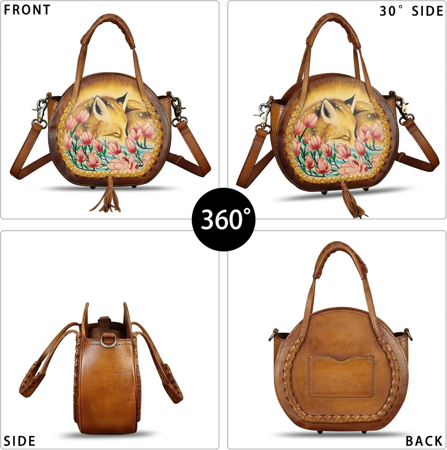 Genuine Leather Handbag for Women Purse Hand Painted Pattern Top Handle Satchel Handmade Crossbody Pouch