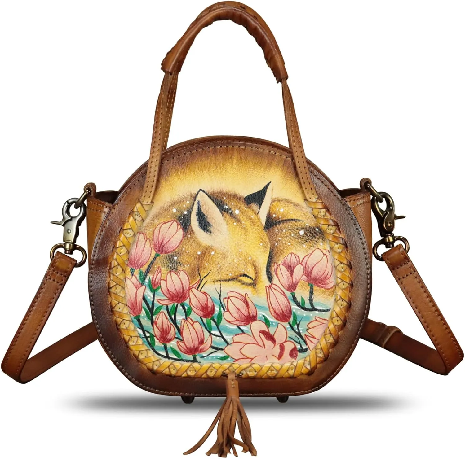 Genuine Leather Handbag for Women Purse Hand Painted Pattern Top Handle Satchel Handmade Crossbody Pouch