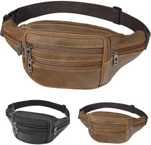 Genuine Leather Men's and Women's Waist Bag, Adjustable Shoulder Strap Small Bag, Multi Pocket Crossbody Backpack (Brown)