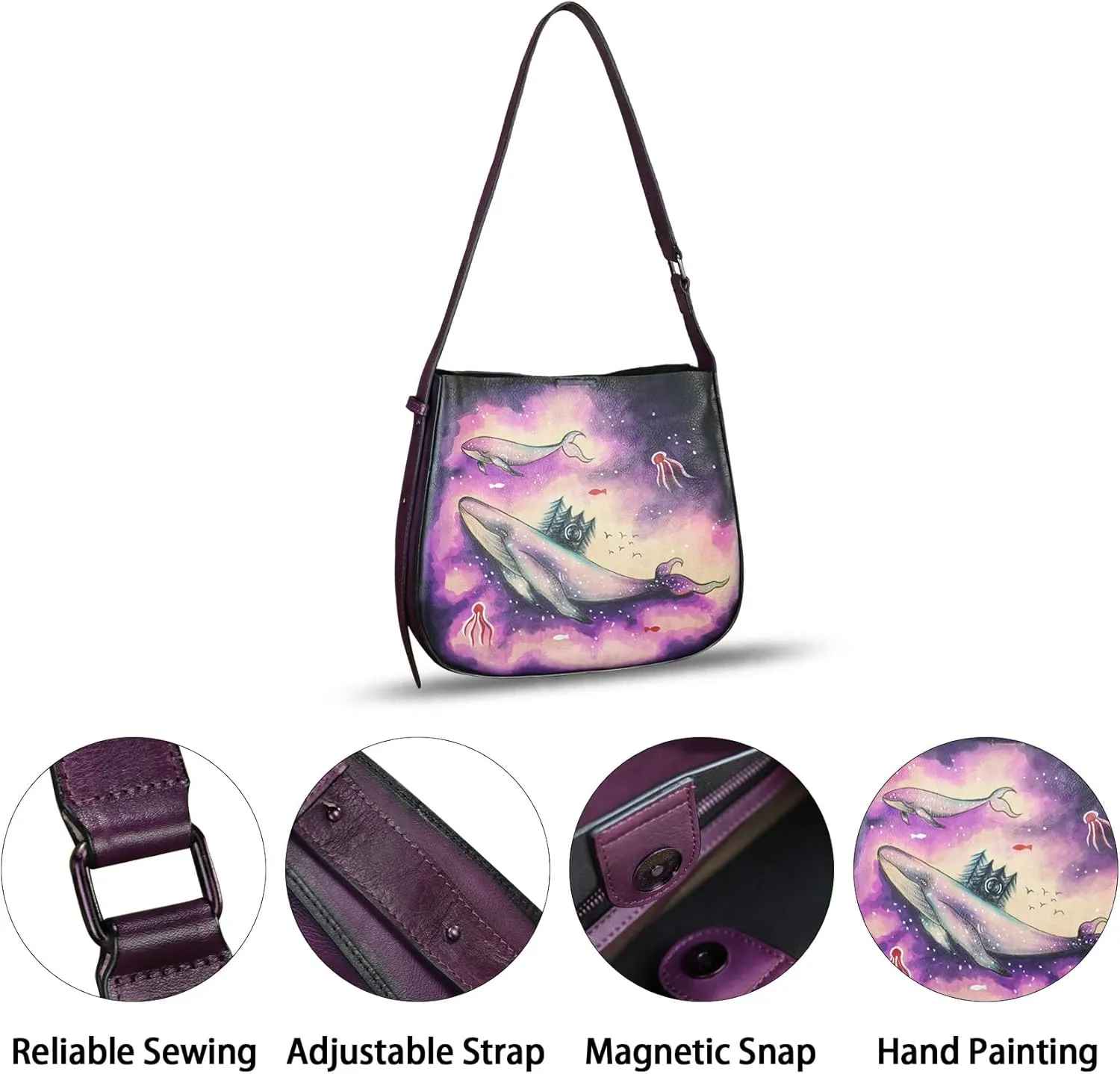 Genuine Leather Shoulder Bag for Women Hand Painted Handbag Handmade Purse Crossbody Sling Purse Casual Daypack