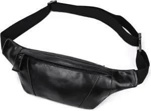 Genuine Leather Slim Waist Pack for Man & Woman, Vintage Design & 4 Zipper Pockets & Adjustable Strap, Large Capacity Fanny Pack Crossbody Belt Bag for Travel or Ride, 1034 Black