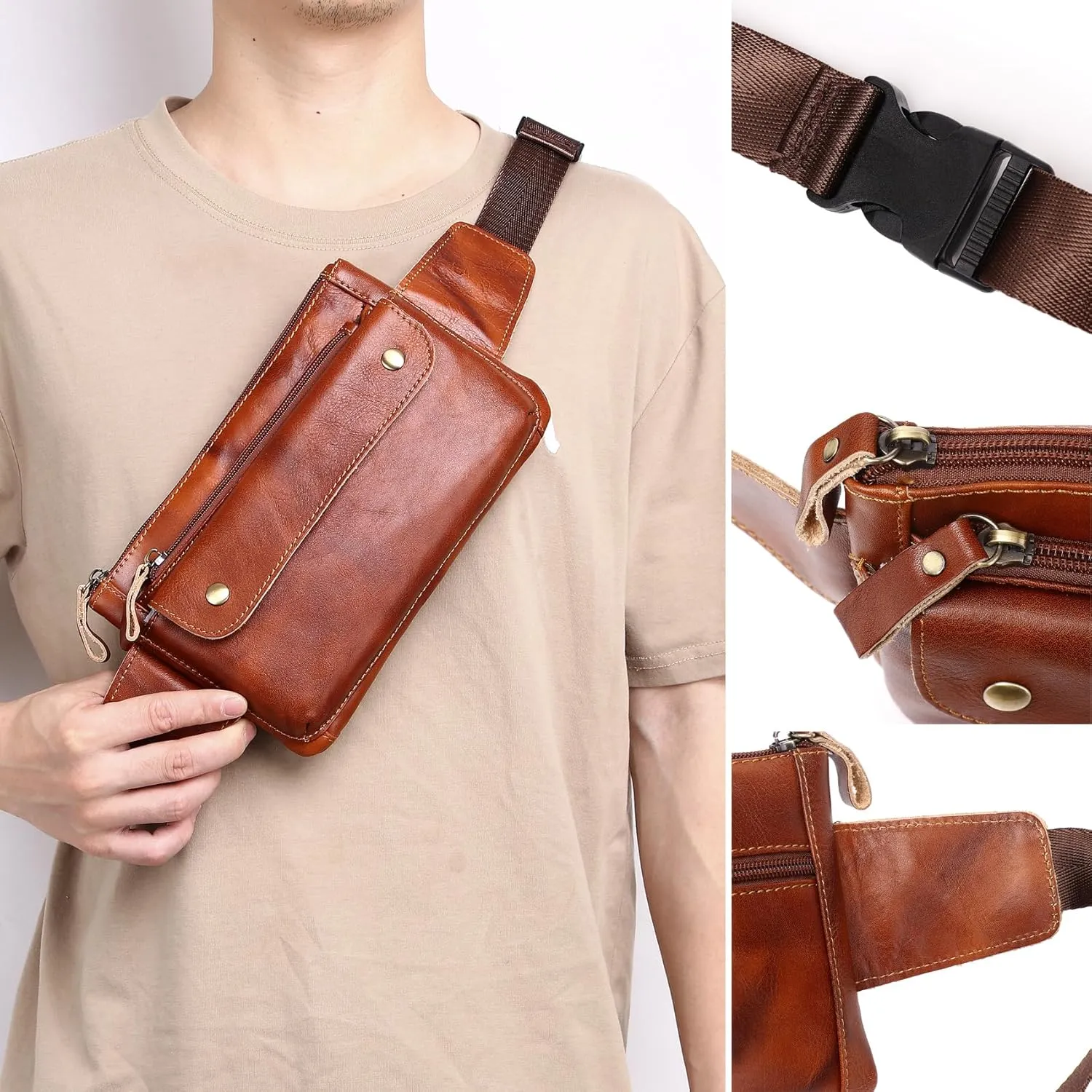 Genuine Leather Sling Bag Backpack for Men Women Chest Shoulder Satchel Crossbody Casual Outdoor Daypack, #21brown