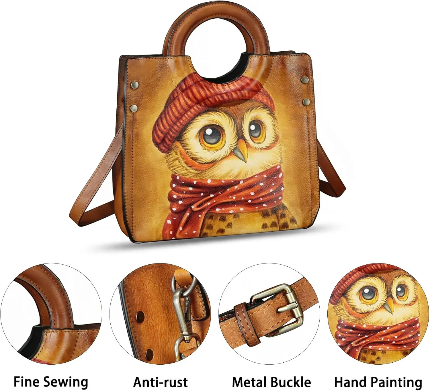 Genuine Leather Tote Bag for Women Hand Painted Leather Shoulder Handbag Handmade Purse Crossbody Work Tote Casual Purse