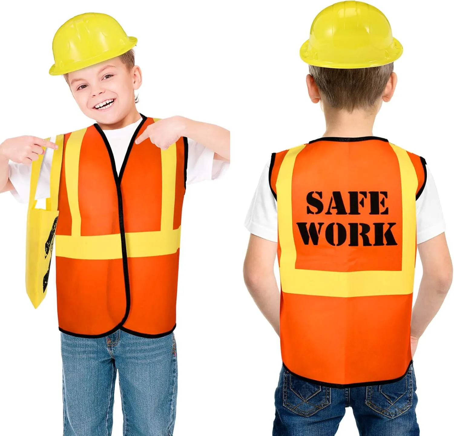 Geyoga 36 Pcs Kids Construction Worker Costume Construction Dress up Party Favors Vests Hats Bag for Birthday Age 3-8