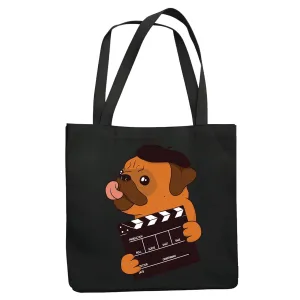 Gift for Artsy Film Maker Fans Director Pug with His Tongue Out and Cute Beret On Navy Black Multicolor Canvas Tote Bag