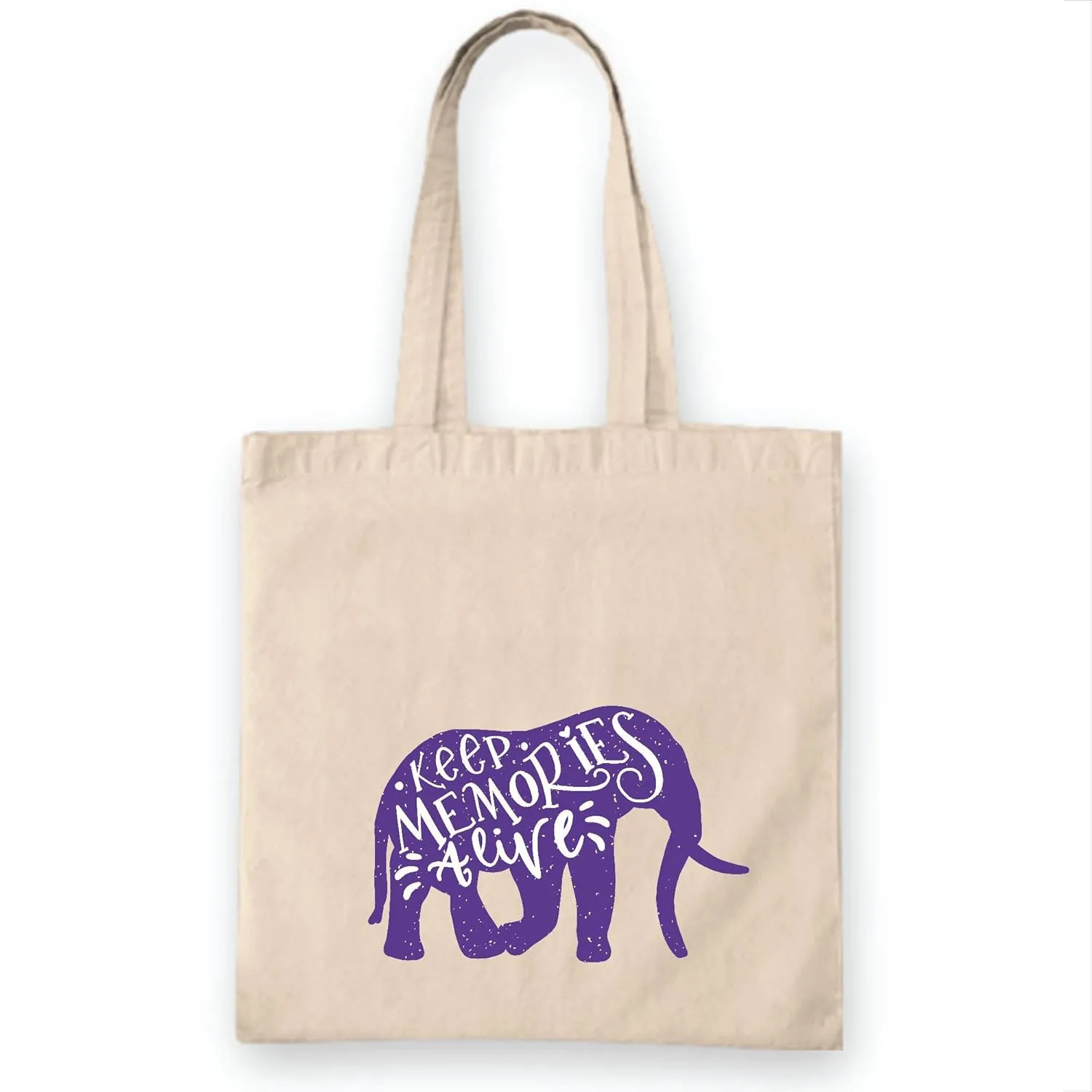 Gift with Elephant Animal Silhouette Design and Keep Memories Alive Quote Perfect Gift for Lifestyle and Travel Lovers Natural White Multicolor Canvas Tote Bag
