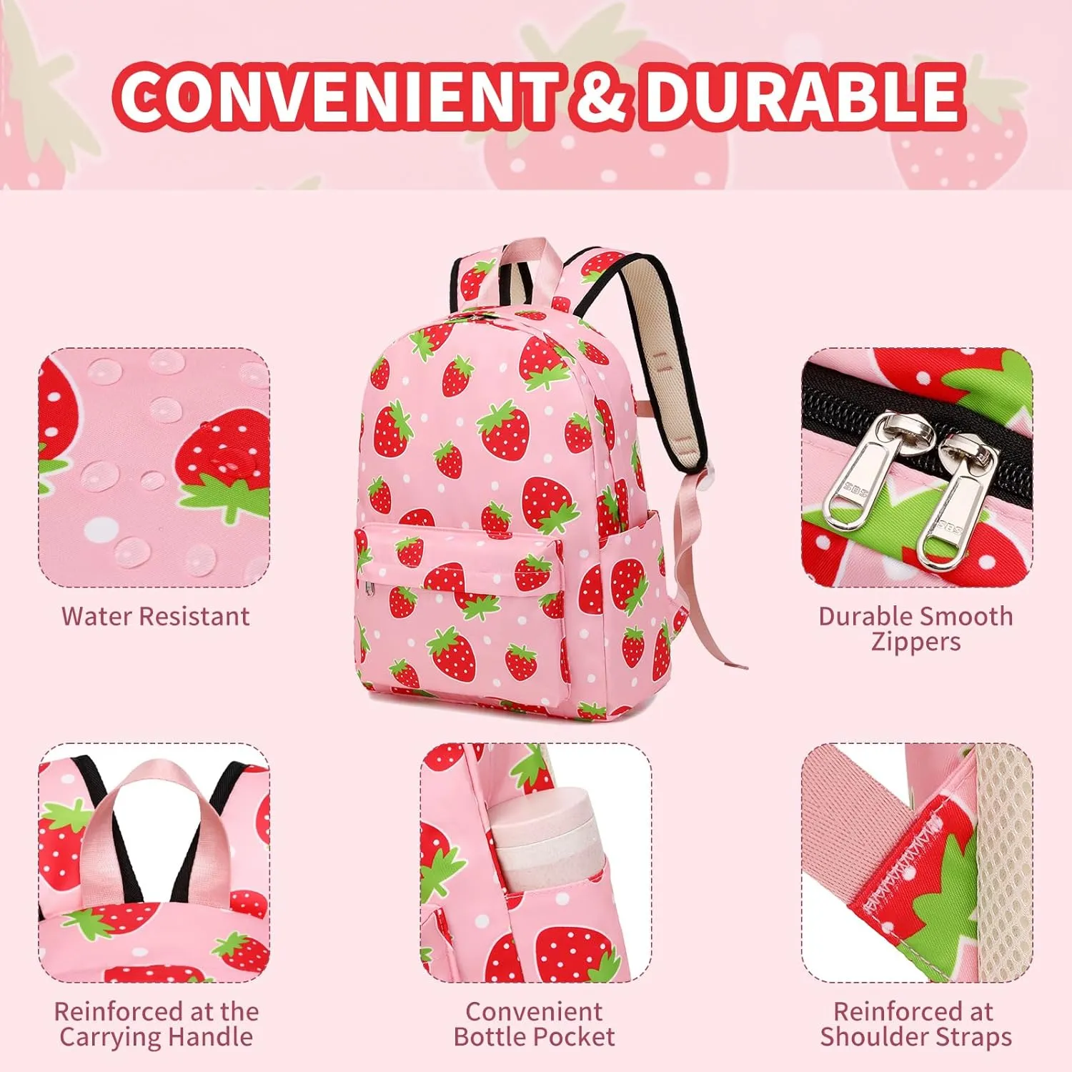 Girls Backpack Strawberyy Kids Backpack for Peschool Kindergarten Elementary 15 Inch Water Resistant Pink Toddler Girls Bookbag