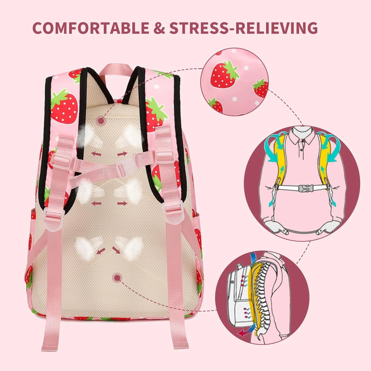 Girls Backpack Strawberyy Kids Backpack for Peschool Kindergarten Elementary 15 Inch Water Resistant Pink Toddler Girls Bookbag