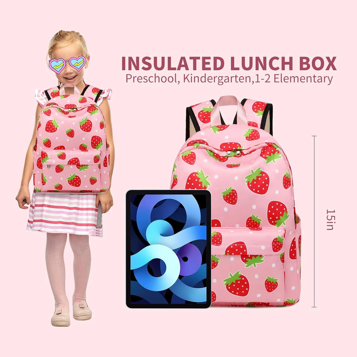 Girls Backpack Strawberyy Kids Backpack for Peschool Kindergarten Elementary 15 Inch Water Resistant Pink Toddler Girls Bookbag