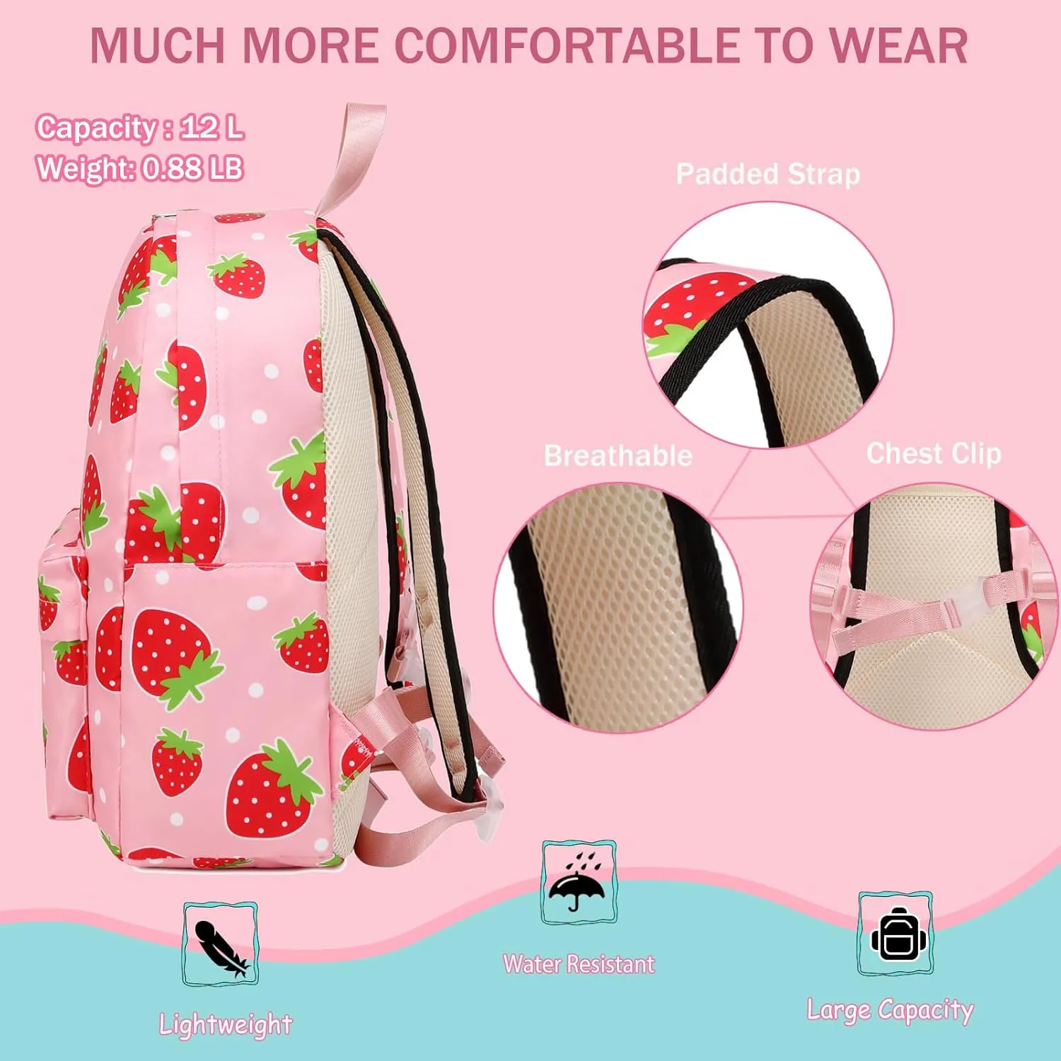 Girls Backpack Strawberyy Kids Backpack for Peschool Kindergarten Elementary 15 Inch Water Resistant Pink Toddler Girls Bookbag