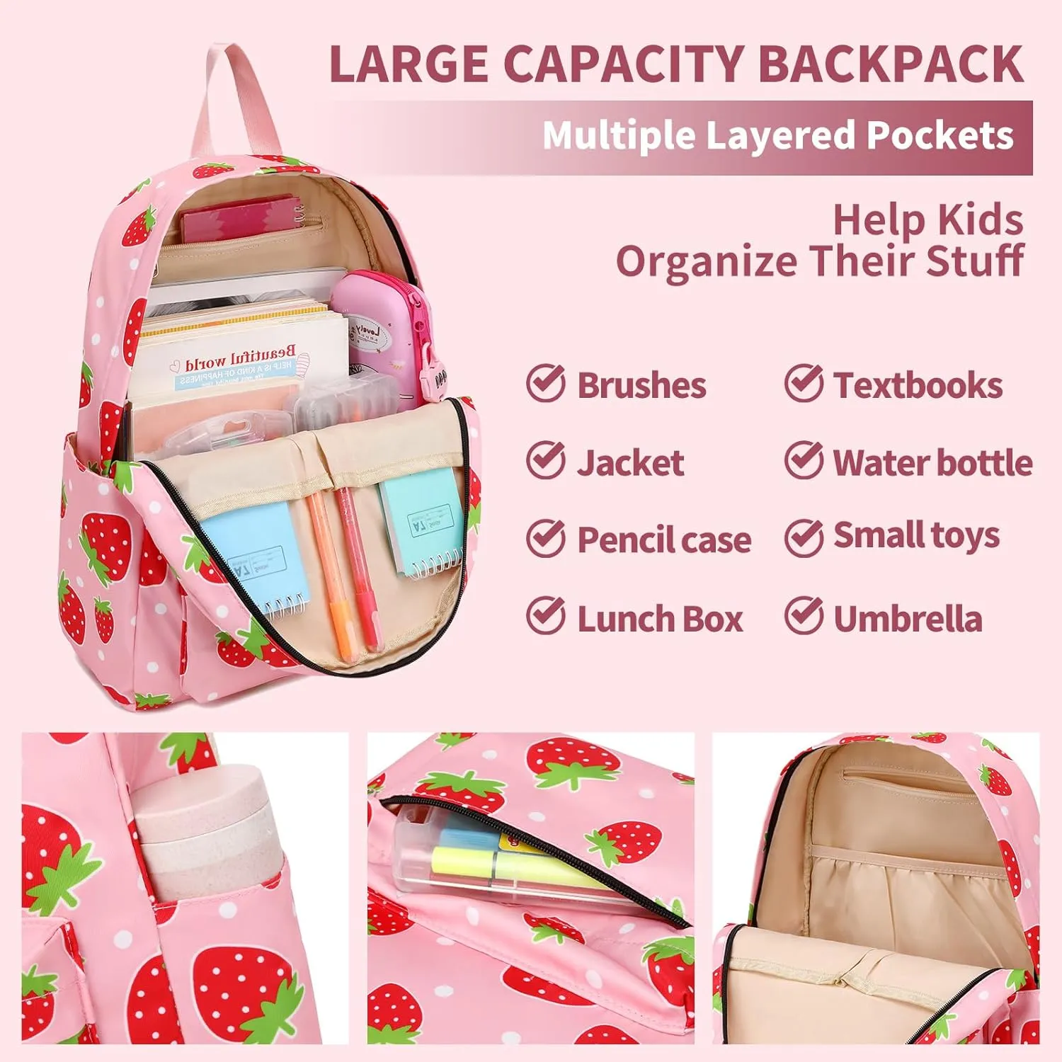 Girls Backpack Strawberyy Kids Backpack for Peschool Kindergarten Elementary 15 Inch Water Resistant Pink Toddler Girls Bookbag
