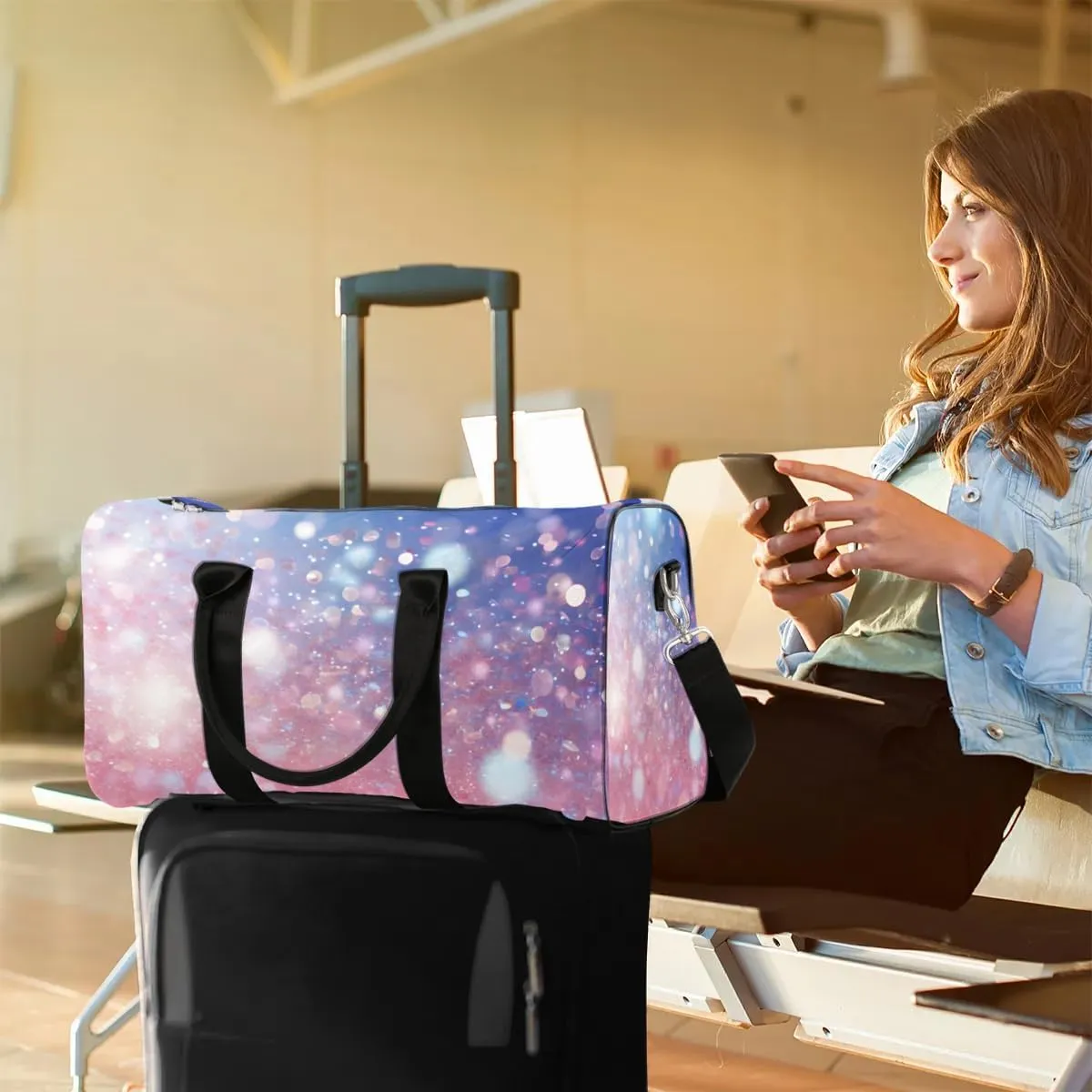 Glitter Travel Duffel Bag for Women Men Waterproof Foldable Overnight Weekender Bag Large Capacity Sports Gym Bag