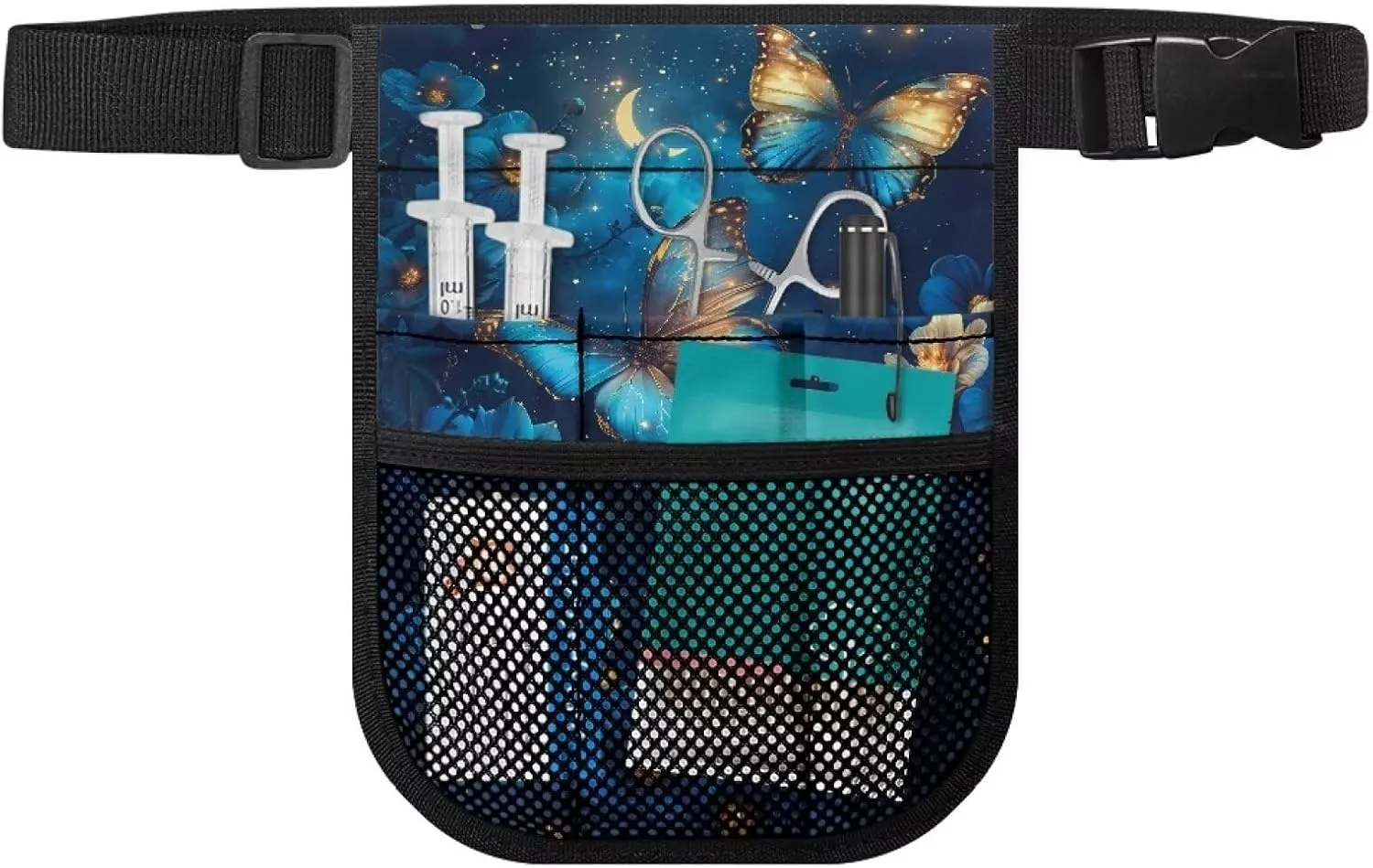 Gomyblomy Blue Butterfly Nurse Fanny Pack for Women with Gear Pockets Floral Nursing Organizer Bag with Adjustable Waist Strap Lightweight Nurse Waist Pack for Nurse Doctors