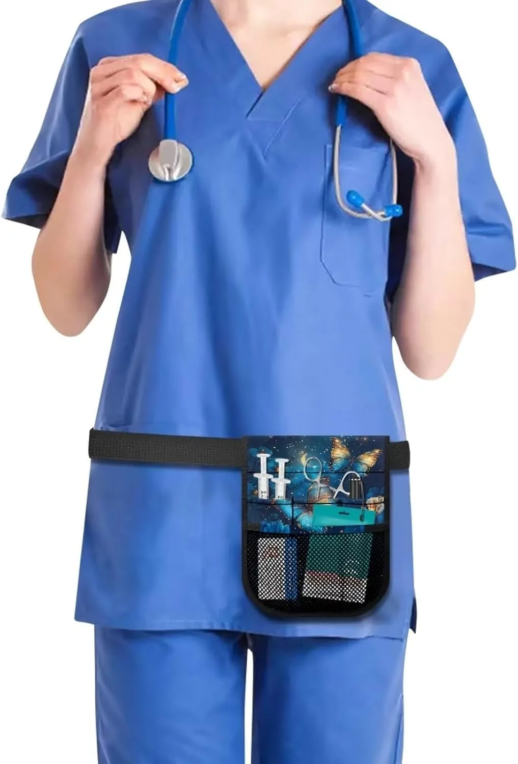 Gomyblomy Blue Butterfly Nurse Fanny Pack for Women with Gear Pockets Floral Nursing Organizer Bag with Adjustable Waist Strap Lightweight Nurse Waist Pack for Nurse Doctors