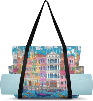 Gondola Building Waterscape Blue Yoga Mat Bag Carrier with Wet Dry Storage Pockets Pilates Bag Large Gym Tote Carryall with Water Bottle Holder for Women Men Office Accessories