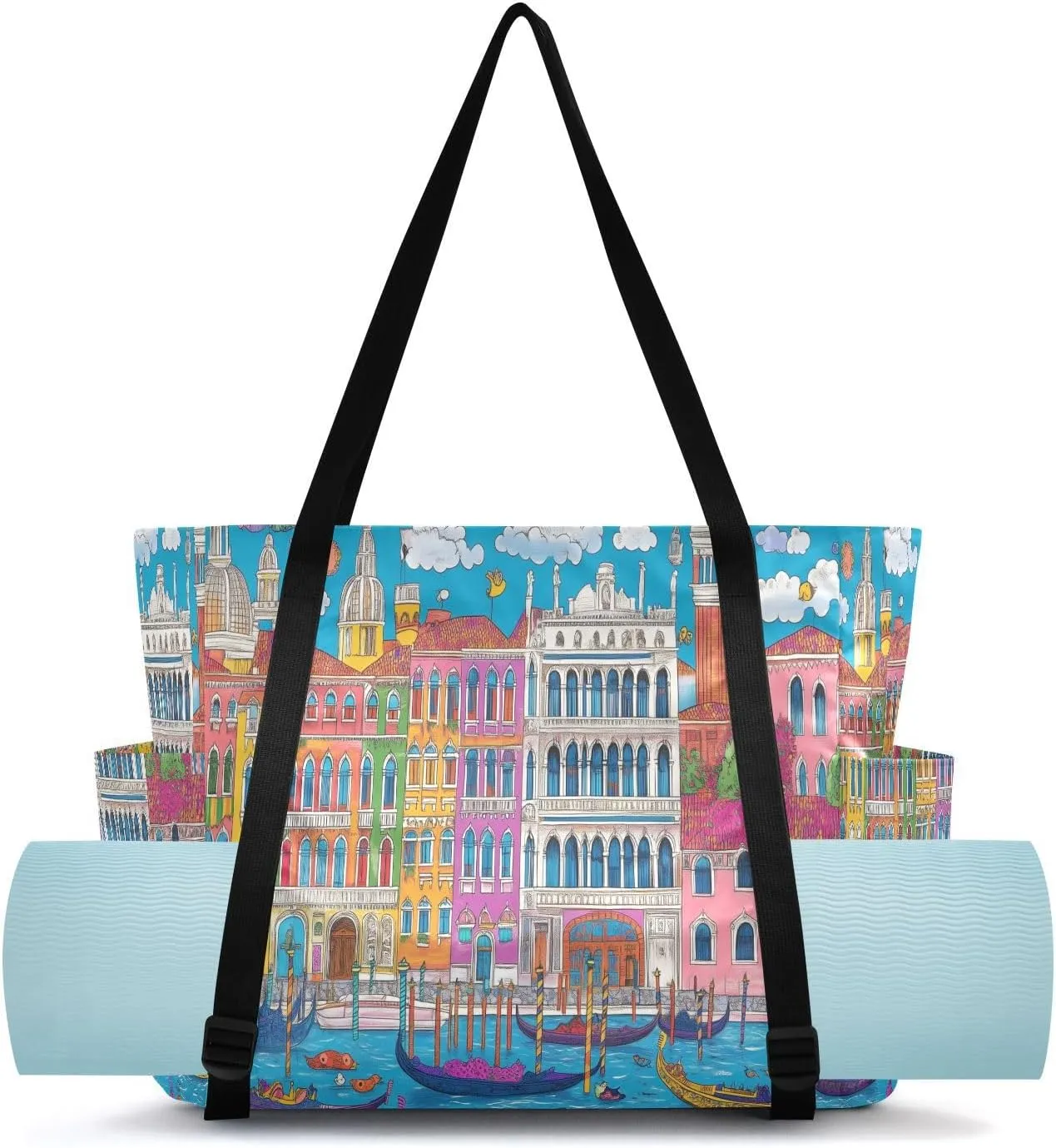 Gondola Building Waterscape Blue Yoga Mat Bag Carrier with Wet Dry Storage Pockets Pilates Bag Large Gym Tote Carryall with Water Bottle Holder for Women Men Office Accessories