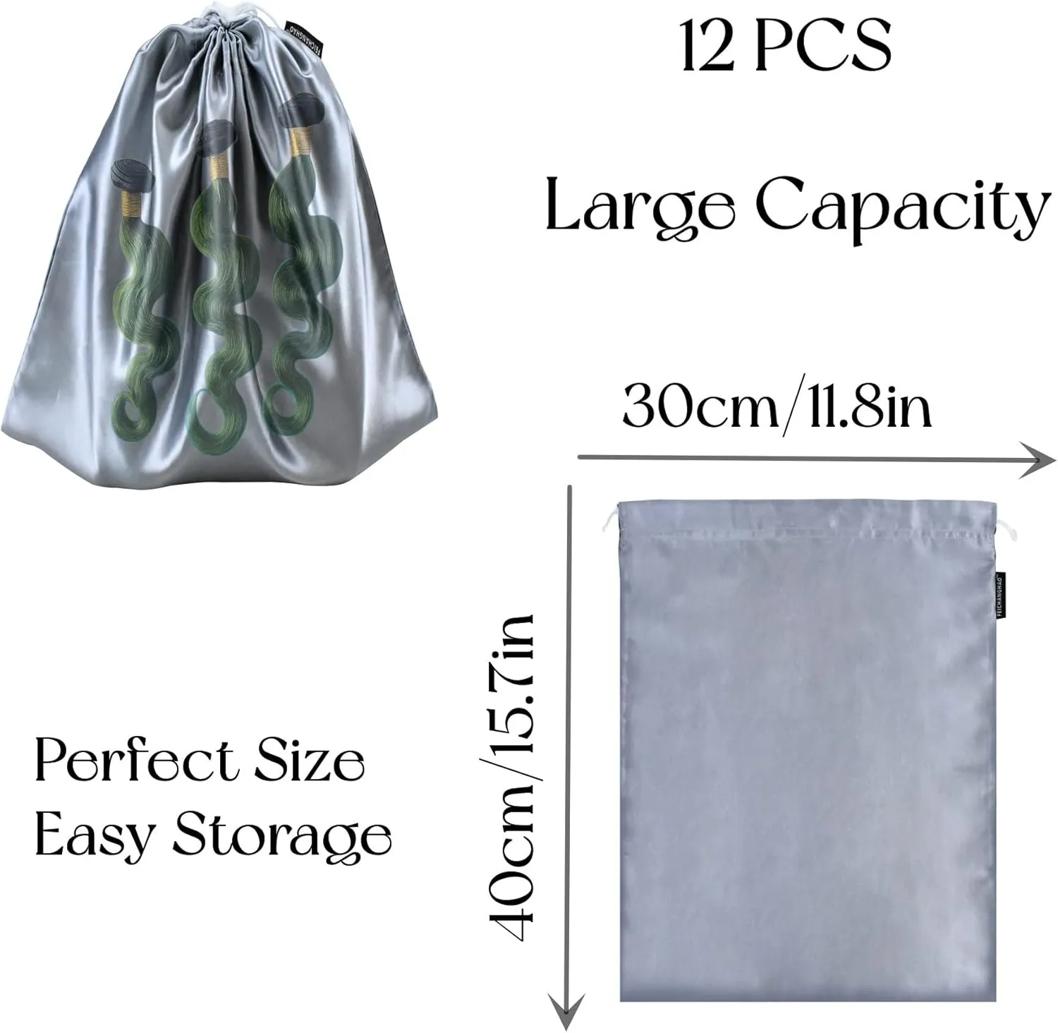 GONGKANGYUAN 12 Pcs Satin Wig Bags with Drawstring Satin Bag for Packaging Hair Extensions Wigs Soft Silk Pouches Hair Tools Storage Bags for Home and Salon (Grey)