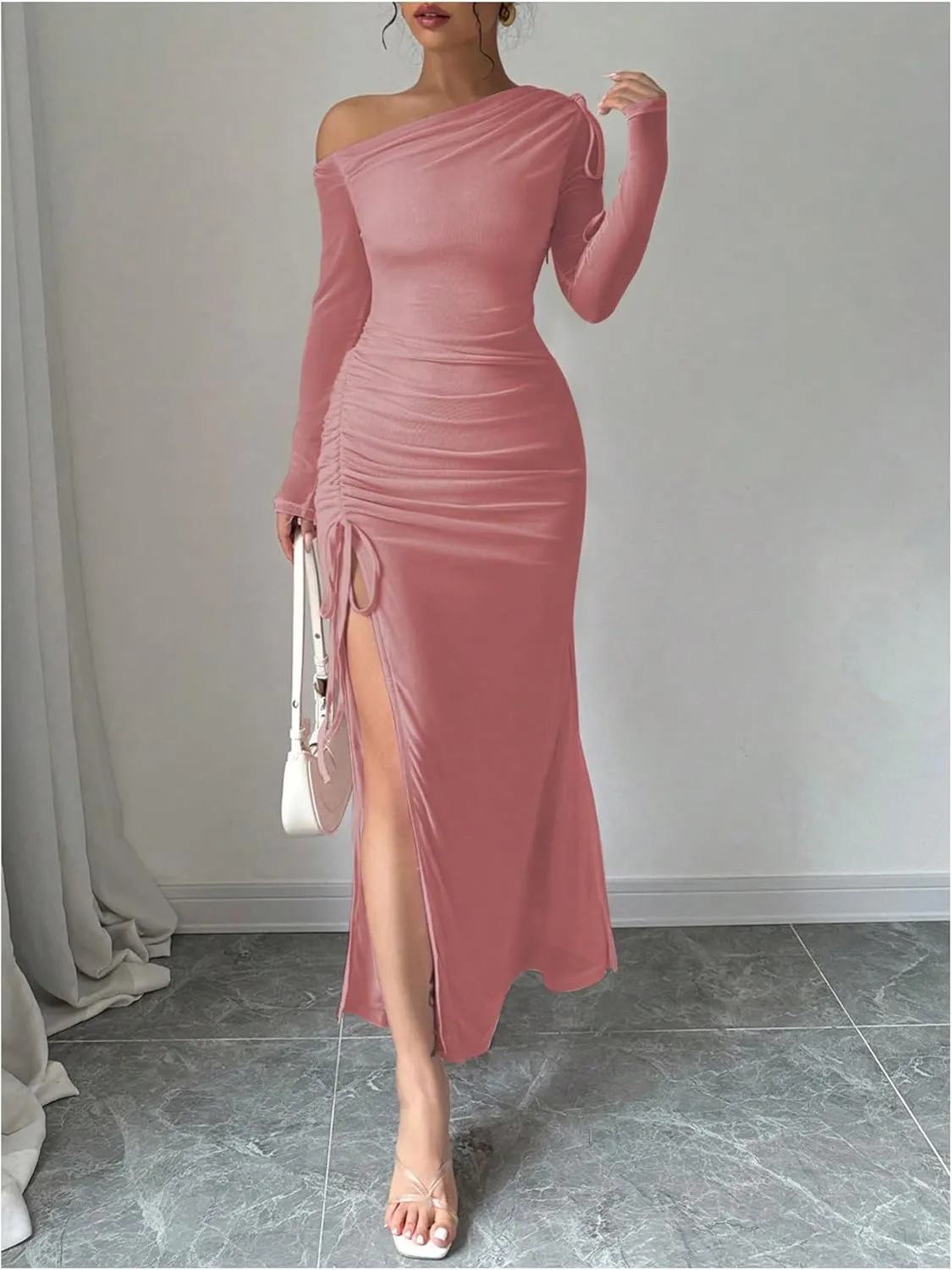 GORGLITTER Women's Drawstring Ruched Split Thigh Mesh Dress Asymmetrical Neck Maxi Dresses