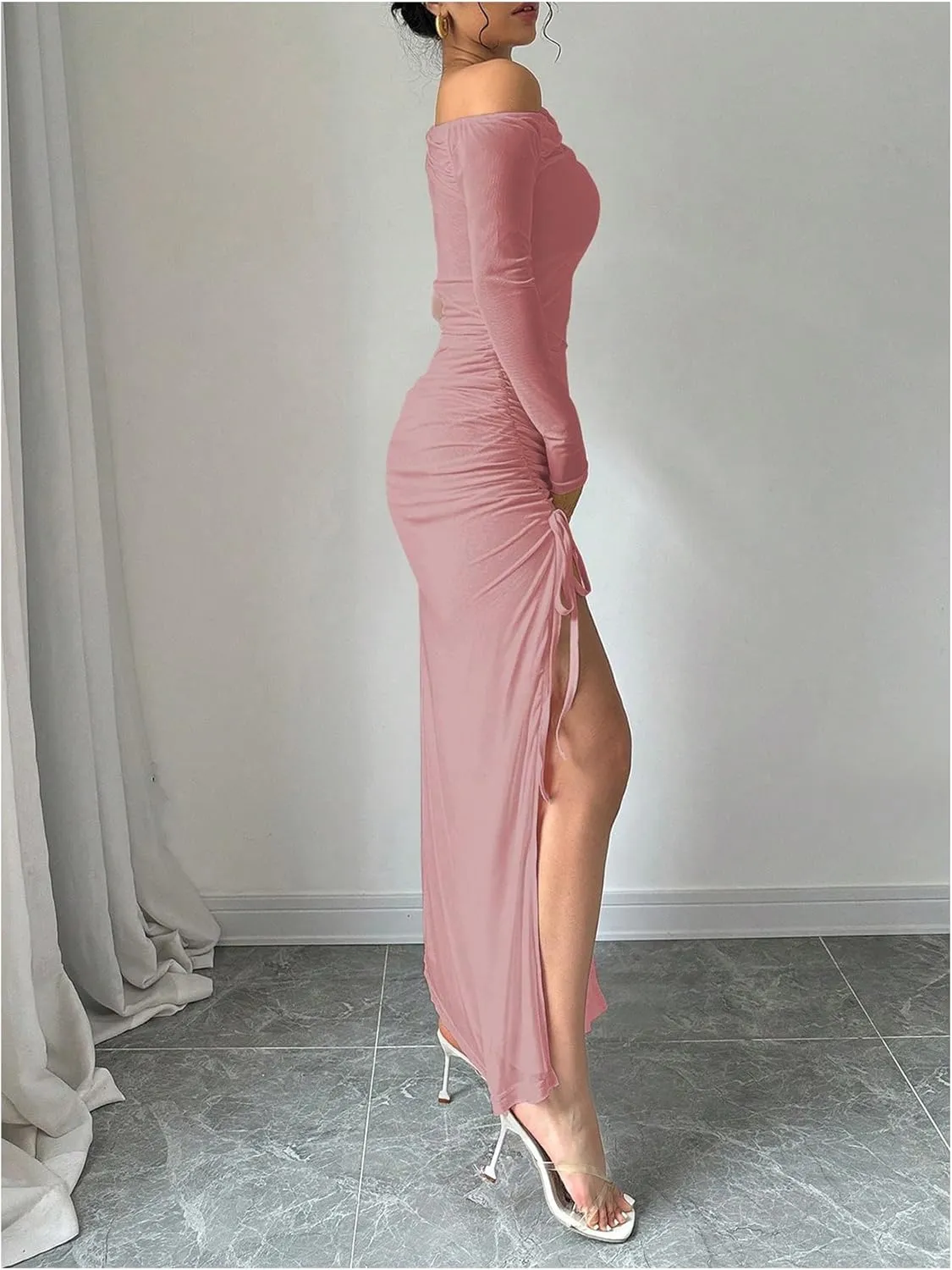 GORGLITTER Women's Drawstring Ruched Split Thigh Mesh Dress Asymmetrical Neck Maxi Dresses