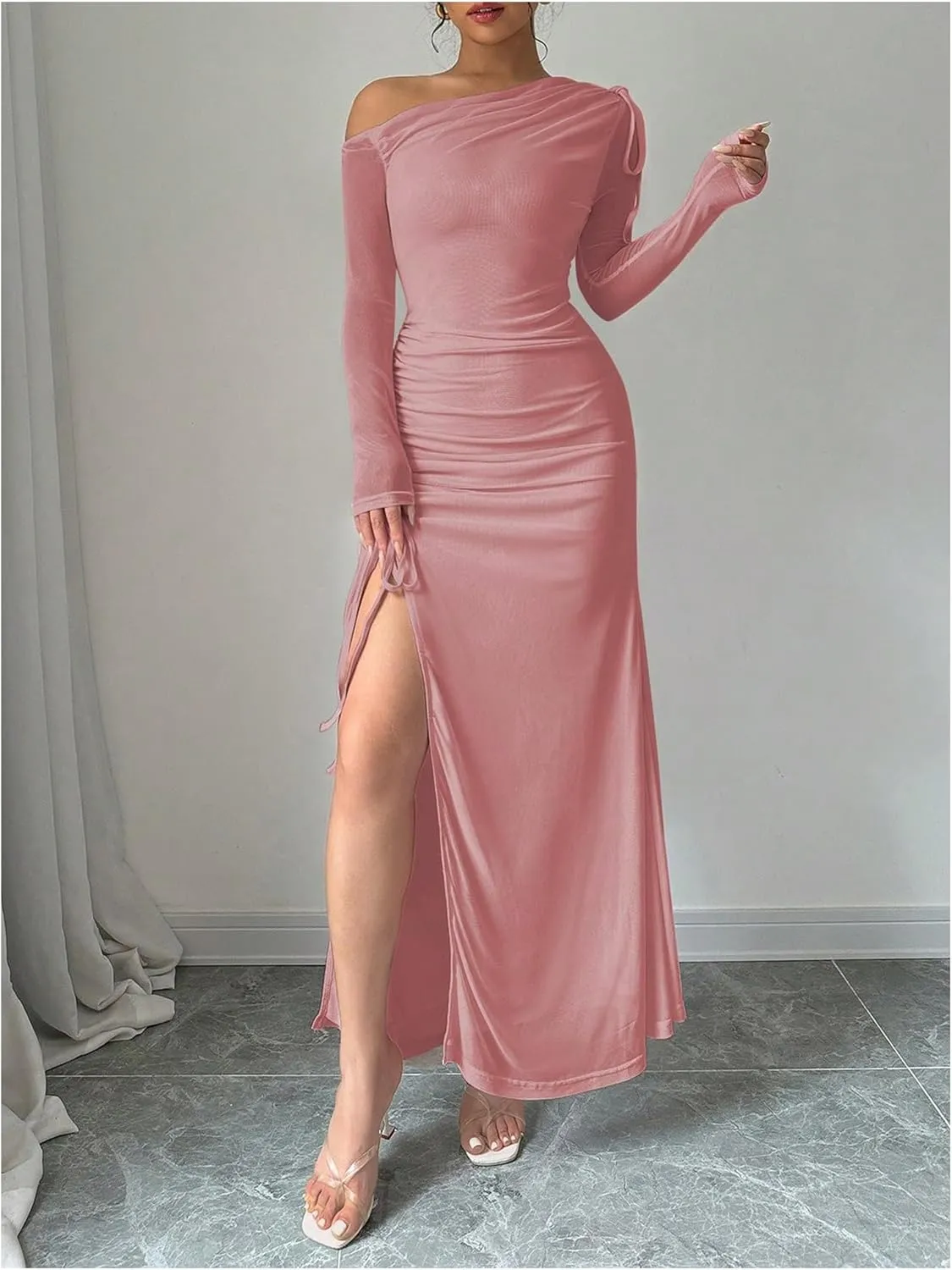 GORGLITTER Women's Drawstring Ruched Split Thigh Mesh Dress Asymmetrical Neck Maxi Dresses