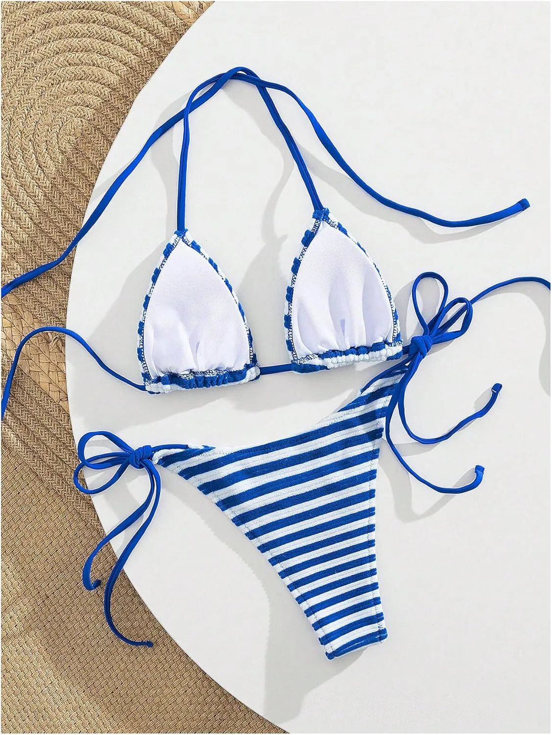 GORGLITTER Women's Striped Bikini Set Triangle Halter High Cut String Thong Micro Swimsuit