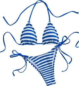 GORGLITTER Women's Striped Bikini Set Triangle Halter High Cut String Thong Micro Swimsuit