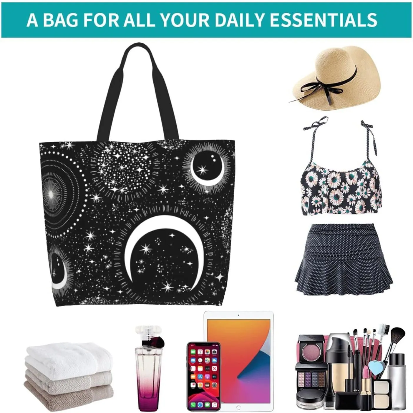 Goth Gothic Tote for Women - Sun and Moon Beach Bag, Large Capacity Grocery Reusable Shopping Bag