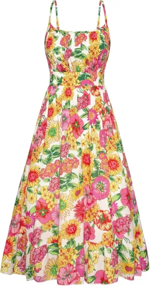 GRACE KARIN Women's Spaghetti Strap Floral Dress Ruffle Hem Pleated Casual Summer Dress Boho Flowy Midi Beach Dress
